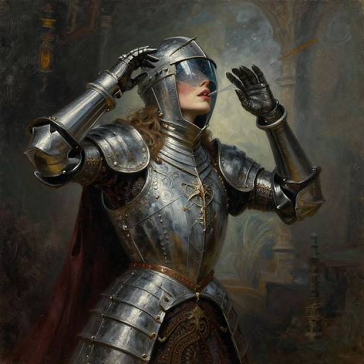 Digital painting of a mysterious armored woman in shiny silver plate armor, helmet with visor, and dark red lips, adjusting her helmet in a dimly