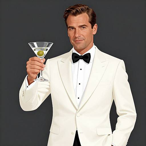 Photorealistic digital art of a handsome man in a white tuxedo with black bow tie, holding a martini with olive, dark background.