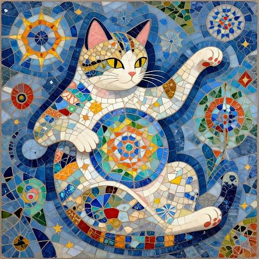 Vibrant mosaic artwork of a white cat with colorful, patterned patches, set against a blue, circular, abstract background. Bright, geometric designs