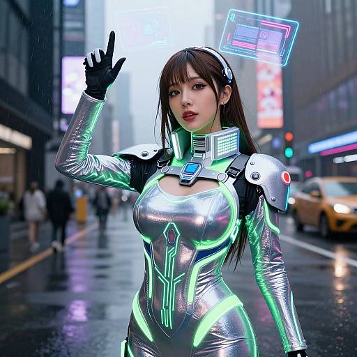 Digital artwork of an Asian woman in a futuristic, neon-lit silver and green bodysuit, waving in a rainy urban street.