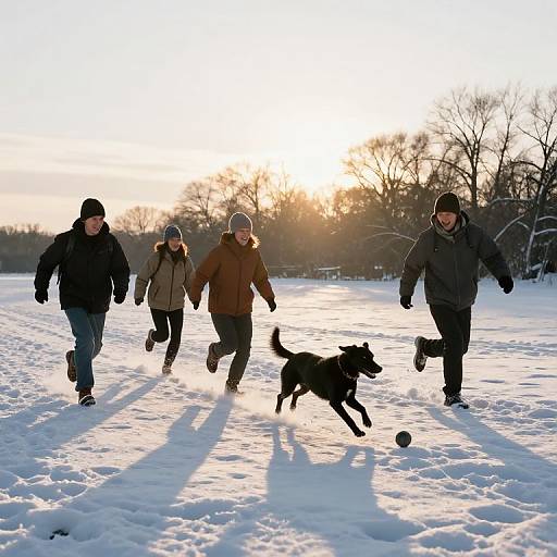 Photograph of four people in winter clothes, running in a snowy field at sunset, chasing a black dog with a ball.