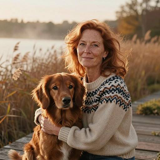 Woman Hugging Irish Setter by Lakeside in Autumn