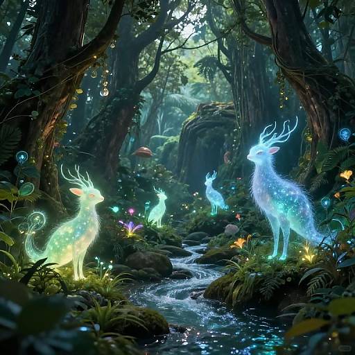 Enchanted forest scene: glowing, luminescent deer with ethereal antlers and neon colors stand by a sparkling stream surrounded by mushrooms and fairy