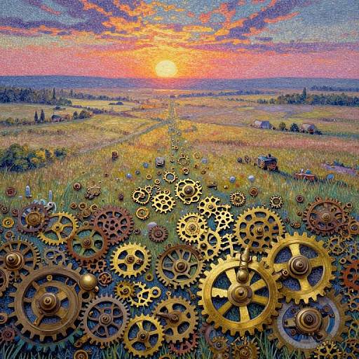 Photorealistic digital art of a sunset over a grassy field, with golden gears in the foreground, blending nature and steampunk elements.
