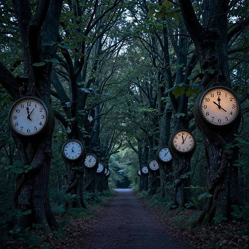 Photograph of a forest path lined with large, round, white clock faces mounted on trees, showing varying times, surrounded by dense green foliage.