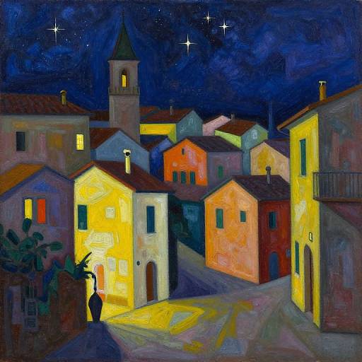 Nighttime village scene with brightly lit buildings, starry sky, bell tower, and silhouetted figure on cobblestone street. Vibrant