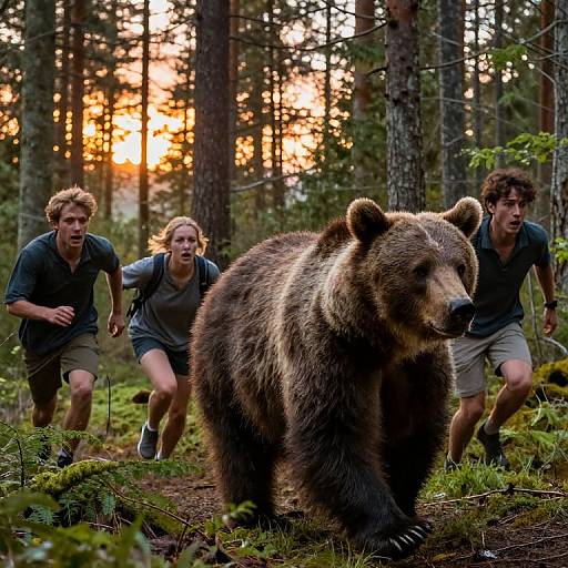 Photograph of three men running through a forest at sunset, chasing a large brown bear in the foreground. Men wear casual outdoor clothing; bear looks forward