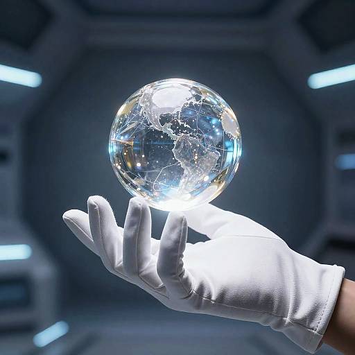 Photograph of a glowing, translucent Earth held by a white-gloved hand in a futuristic, dimly-lit, hexagonal room.