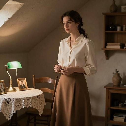 Serene Woman in Rustic Attic Room