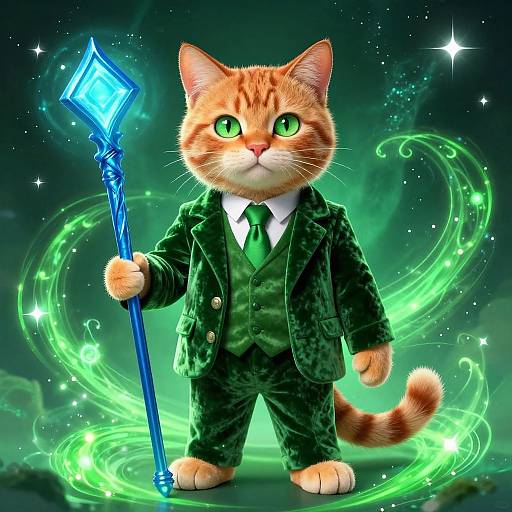 Digital illustration of a cute orange tabby cat in a green velvet suit holding a glowing blue staff, surrounded by green magical swirls.