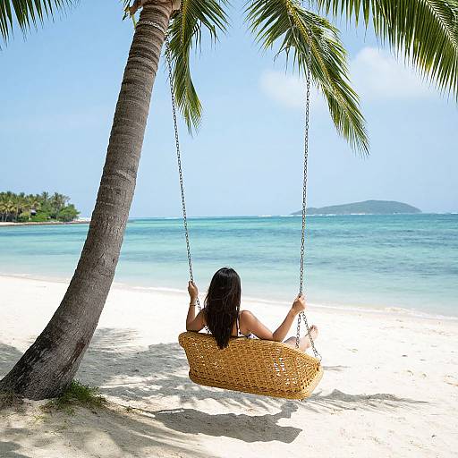 Photograph of a woman with long dark hair, lying on a wicker swing under a palm tree, facing a clear blue ocean.