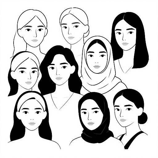 Black-and-white digital illustration of nine women with varying hairstyles and expressions, arranged in a loose cluster, using simple, minimalist lines.