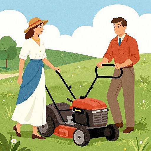Vintage Illustration of Couple with Lawnmower