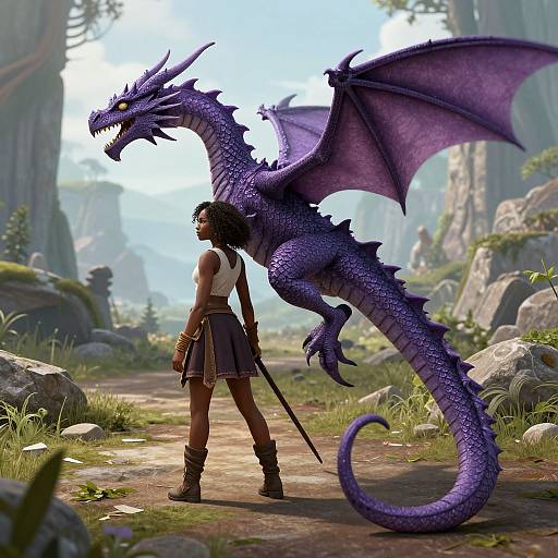 Digital fantasy artwork of a dark-skinned woman with short black hair, wearing a white shirt, brown skirt, and boots, standing with a large purple