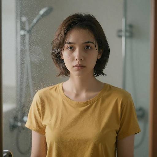 Young Woman Behind Fogged Glass Door