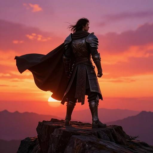 Silhouetted medieval knight in armor stands on rocky peak, back to viewer, against vibrant orange and pink sunset sky. Dramatic, heroic pose