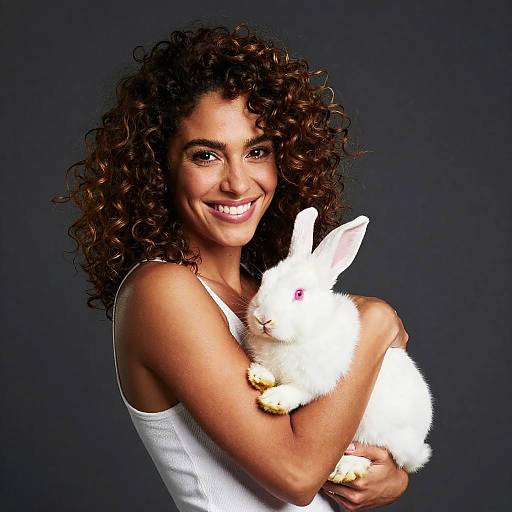 Photograph of a smiling woman with curly brown hair, wearing a white tank top, hugging a white rabbit against a dark gray background.