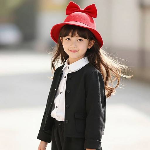 Young Girl in Stylish Outfit with Red Hat