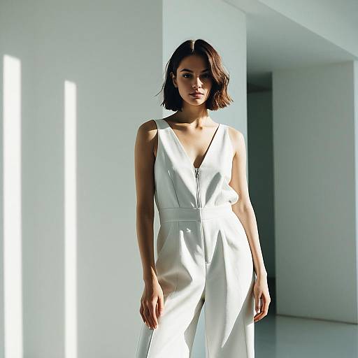 Fashion Model in Minimalist White Jumpsuit