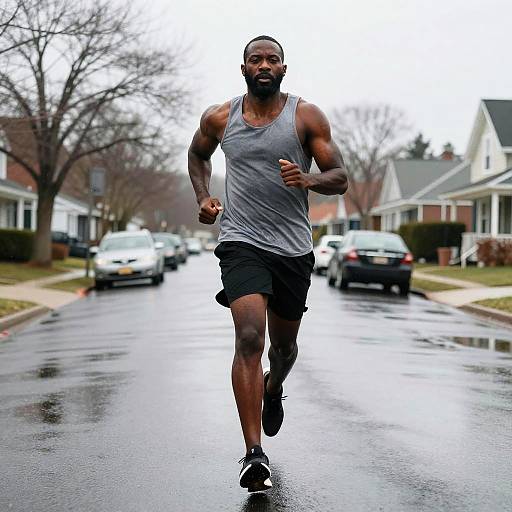 Photograph of a muscular Black man with a beard, wearing a gray tank top and black shorts, jogging on a wet, suburban street. Cars and