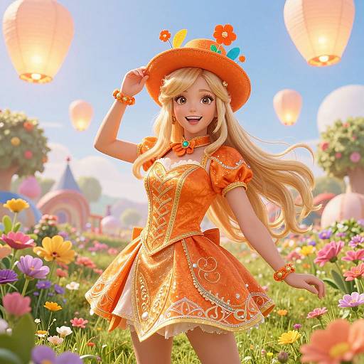 Digital art of a cheerful blonde girl in an orange floral dress and hat, dancing in a vibrant flower-filled meadow with floating lanterns. Bright,