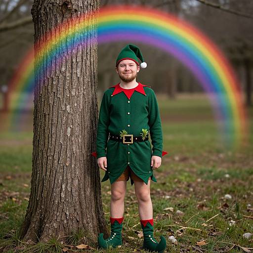 Photograph of a bearded man in a green elf costume with red collar and belt, standing against a tree with a vibrant rainbow arcing overhead in