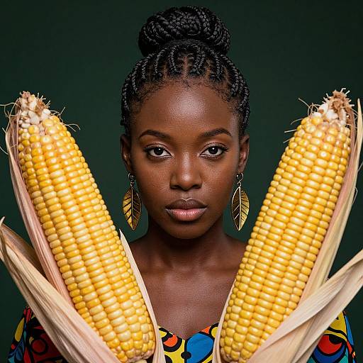 Photograph of a dark-skinned woman with braided hair, gold leaf earrings, holding two yellow corn cobs with husks, against a dark