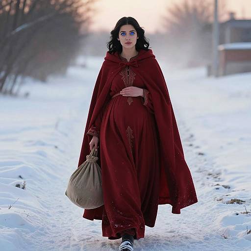 Photograph of a woman with pale skin, dark curly hair, blue eye makeup, wearing a red medieval-style gown and cloak, carrying a beige bag