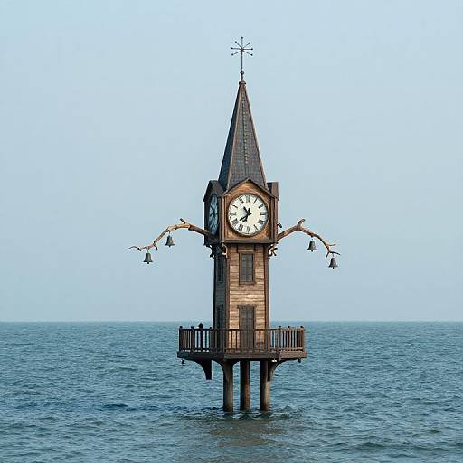 Photograph of a wooden, clock-towered lighthouse with black bell accents, standing on stilts in a calm, blue ocean under a clear sky