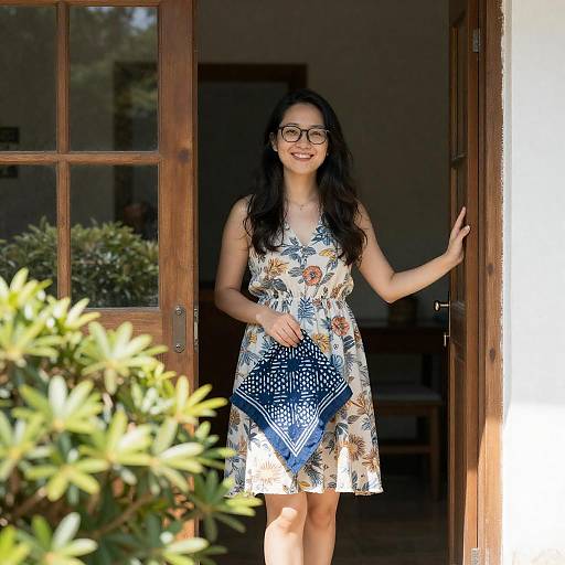 Smiling Woman in Floral Dress at Door