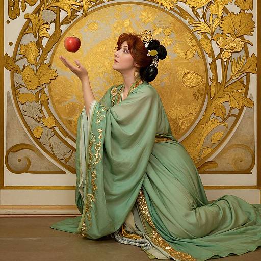 Photograph-style digital art of a fair-skinned woman with brown hair in an elaborate updo, wearing a green, gold-embroidered robe