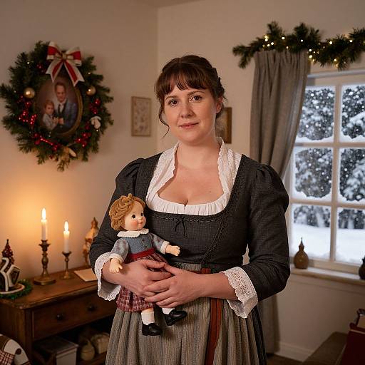 Photograph of a fair-skinned woman in Victorian-style dress holding a porcelain doll, standing in a warmly lit, Christmas-decorated room.