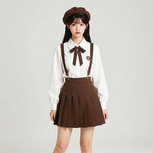 Young Woman in Vintage Brown and White Outfit