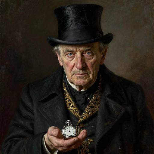 Photograph of an elderly white man with wrinkles, wearing a black top hat and coat, holding a pocket watch, against a dark background, exuding