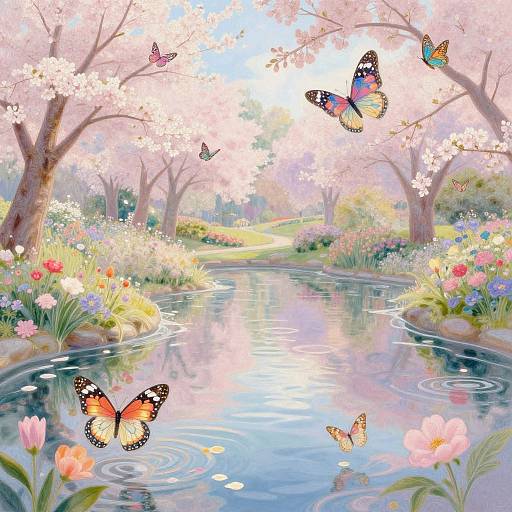 Digital painting of a serene, pink cherry blossom-filled garden with a reflective stream, colorful flowers, and vibrant butterflies fluttering above.