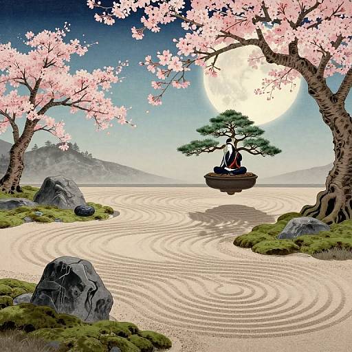 Digital art of a Zen garden with swirling sand, pink cherry blossoms, a full moon, and a meditating figure in a stone pot.