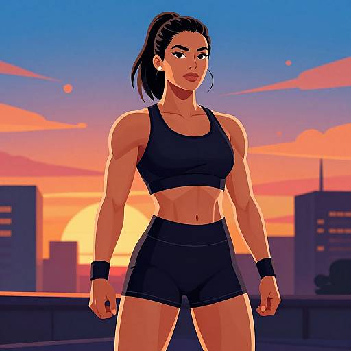 Digital illustration of a muscular, dark-haired woman in black sports bra and shorts, standing on a rooftop at sunset, cityscape background.