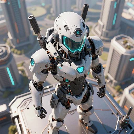 CGI image of a futuristic, white and black armored robot with glowing blue eyes and lights, standing on a rooftop overlooking a high-tech cityscape with