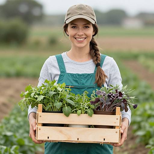 Young woman with braided brown hair, green overalls, white shirt, and cap, smiling, holding wooden crate of fresh herbs and vegetables in a