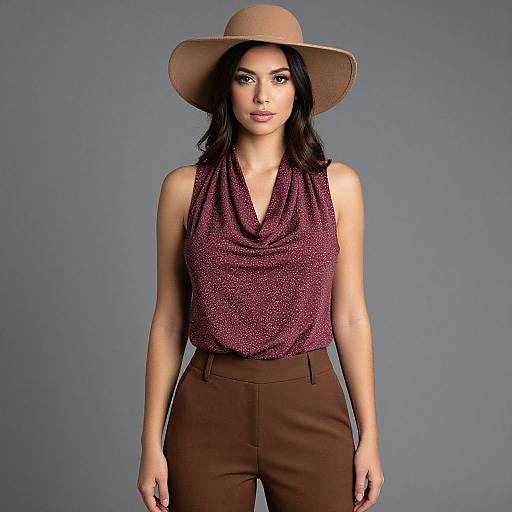 Photograph of a slim, light-skinned woman with dark hair, wearing a beige wide-brim hat, maroon polka-dot sleeveless top