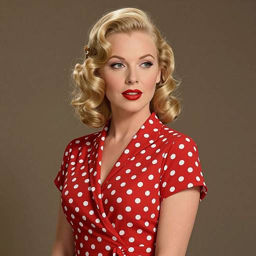 Photograph of a blonde woman with curled hair, wearing a red polka dot dress, red lipstick, and looking directly at the camera.