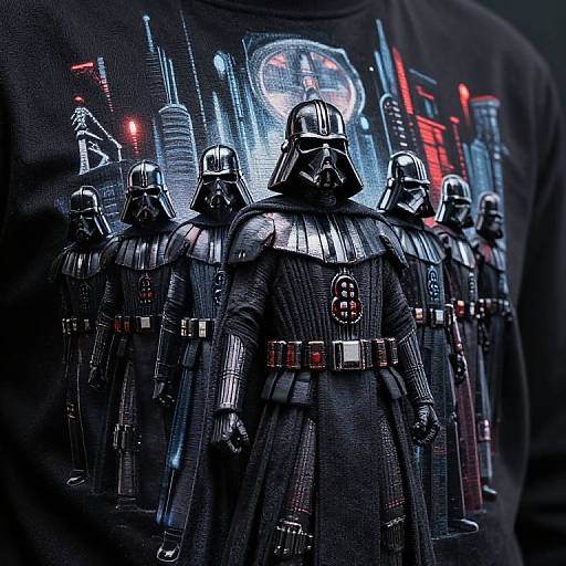Photograph of a black T-shirt featuring a detailed, illuminated digital print of five Darth Vader action figures in front of a futuristic cityscape with neon lights