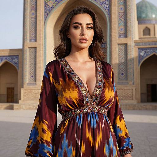 Digital artwork of a beautiful woman with wavy brown hair, wearing a deep V-neck, colorful patterned dress, standing in front of a detailed,