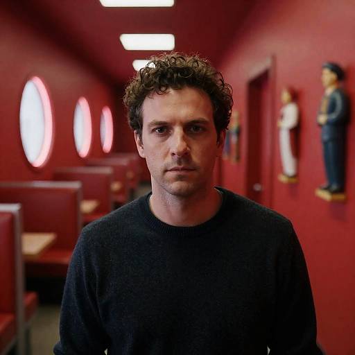 Serious Man in Neon Lit Hallway