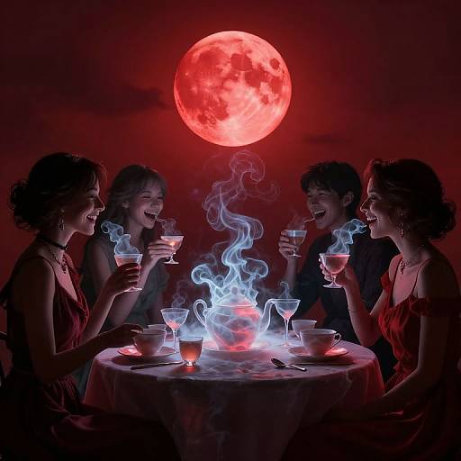 Photograph of four laughing, elegantly dressed people around a table with glowing drinks and smoke, under a large red moon.