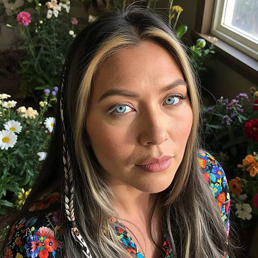 Photograph of a woman with blue eyes, long black hair with blonde highlights, floral shirt, surrounded by colorful flowers, natural light.