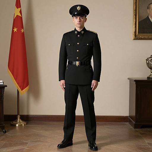 Photograph of a young Asian male in a black military uniform, standing in a formal room with a Chinese flag and a portrait on the wall.