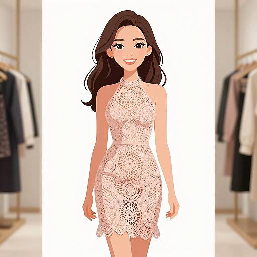 Digital illustration of a smiling woman with long brown hair, wearing a white, sleeveless, lace halter dress, standing in a brightly lit clothing store
