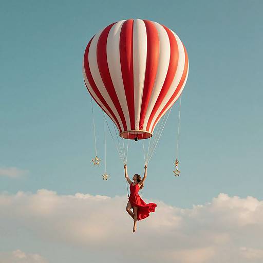 Photograph of a woman in a red dress, flying a red and white striped hot air balloon against a clear blue sky.