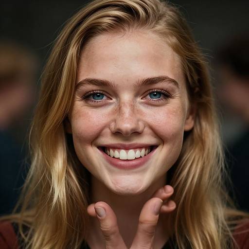 Photograph of a smiling young blonde woman with blue eyes, freckles, and fair skin, making a peace sign with her fingers.